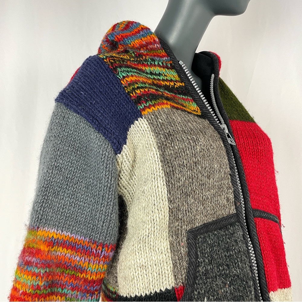 80s Multi Colored Patchwork Fleece Lined Hooded S… - image 3